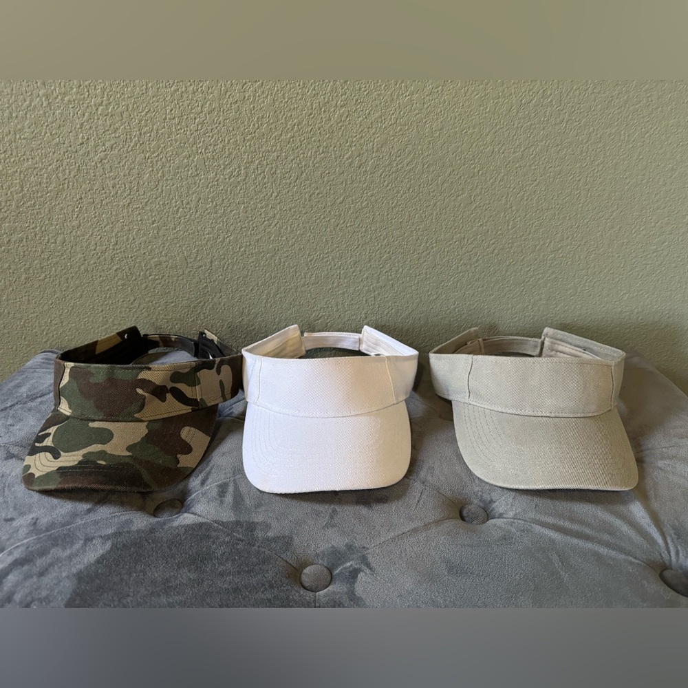 3 Piece Sun Visor Hat Set White, Grey, and Camo